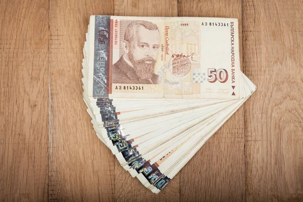 Stack of bills, bulgarian money. Bulgarian currency banknotes 50 leva, BGN. Finances concept — Stock Photo, Image