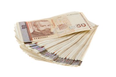 Bir yığın banknot, Bulgar parası. Bulgar para banknotları 50 leva, Bgn. Finans kavramı