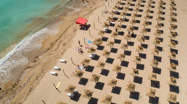 Aerial view of tropical beach with straw umbrellas. Tropical sea beach coastline, summer holiday. — Stock Photo, Image