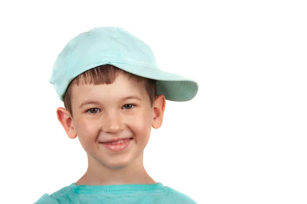Portrait of happy smiling boy with hat, isolated on white — Stockfoto