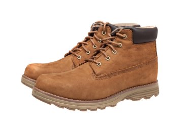 Erkek kahverengi deri çizme. Şık kış ayakkabı, beyaz izole