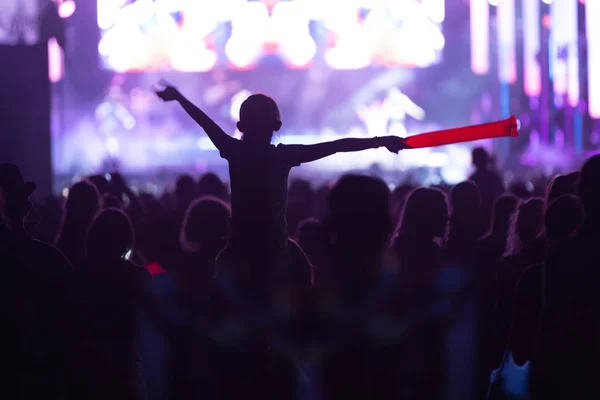 Silhouetten van concert menigte voor fase lichten. Fans tijdens een concert van het leven — Stockfoto
