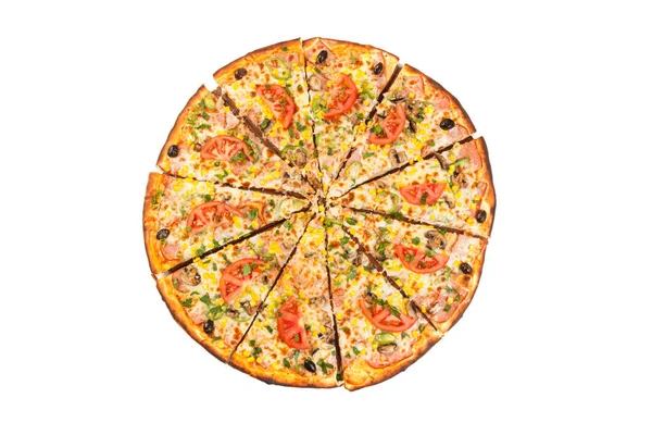 Вкусная пицца, изолированная на белом. Вид сверху — стоковое фото