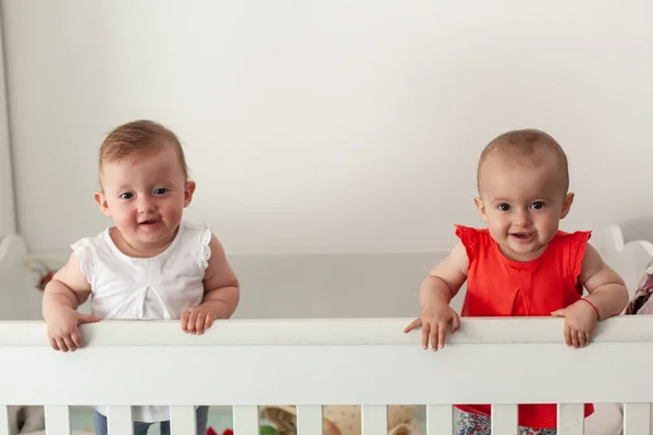 Hermanas gemelas felices divirtiéndose, paradas en la cuna. Feliz bebé. Emociones del bebé. Sonrisa de bebé . — Foto de Stock