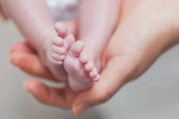 Bebek ayakları annenin ellerinde. Yeni doğmuş bebek ayaklarına yakın çekim. Mutlu Aile Öncülüğü. — Stok fotoğraf