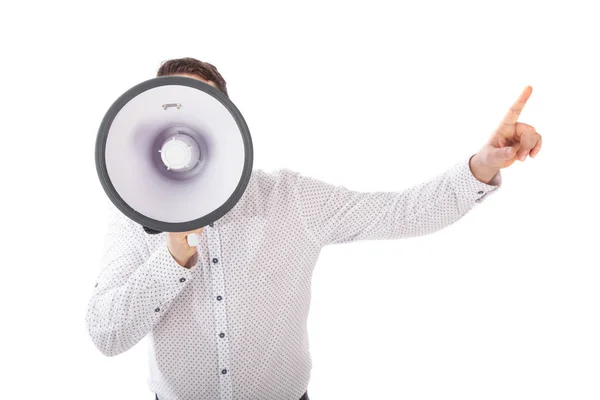 Um homem a gritar com um megafone. Homem gritando em um megafone . — Fotografia de Stock