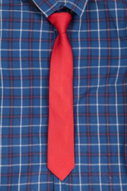 Ekoseli mavi gömleği kırmızı kravatla kapat.
