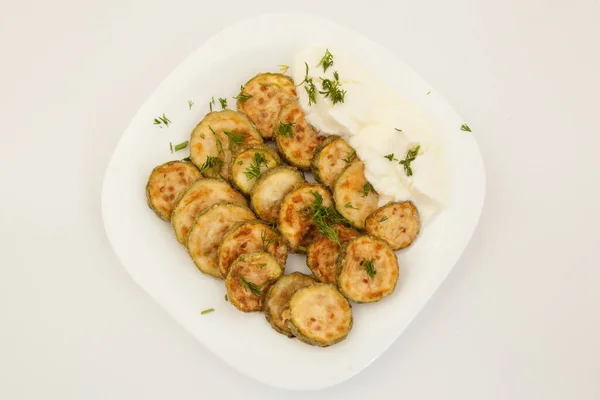 Fried Zucchini Yogurt White Plate Top View — Stock Photo, Image