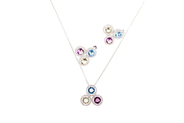 Pair Diamond Earrings Necklace Set Fashion Jewelry Isolated White Background — Stock Photo, Image