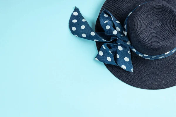 Blue Hat Ribbon Blue Background Summer Concept Top View Copy — Stock Photo, Image