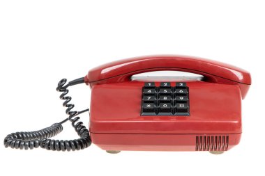 Eski kırmızı telefon, izole edilmiş. Klasik kırmızı telefon 