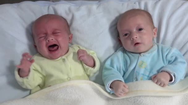 Dos Hermanas Acuestan Cama Dos Bebés Gemelos Cama Uno Llorando — Vídeos de Stock