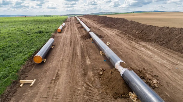 Luftaufnahme Vom Bau Von Gas Und Ölpipelines Rohre Zusammengeschweißt Große — Stockfoto