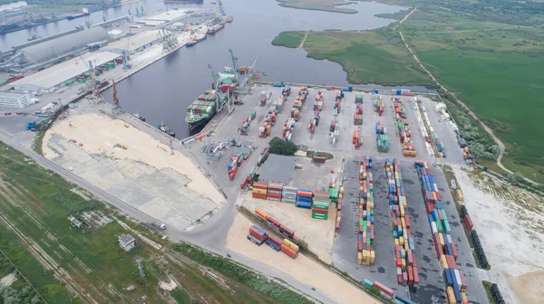 Vista Aérea Terminal Contêineres Portuários Porto Carga Industrial Com Navios — Fotografia de Stock