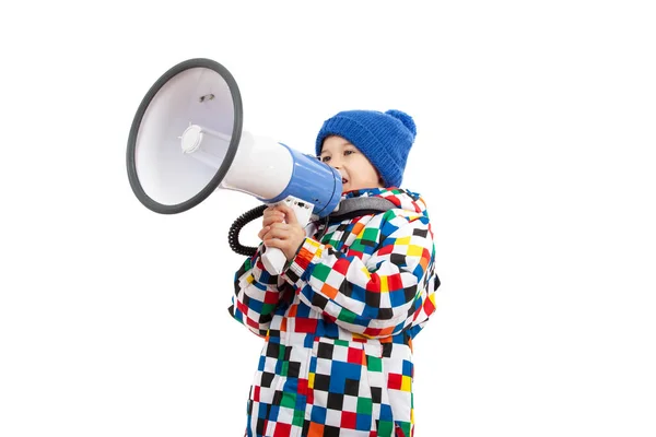 Little Boy Shouting Megaphone Children Yelling Megaphone Isolated White — Stock Photo, Image
