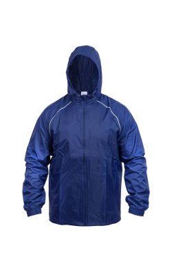 Kapüşonlu mavi rüzgarlık spor ceket, beyaz üzerine izole