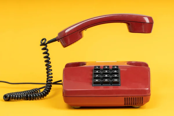 Old Red Telephone Yellow Background Vintage Red Phone Taken Receiver — Stock Photo, Image