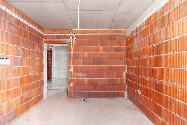 Interno Incompiuto Della Stanza Dell Edificio Costruzione Muri Rosso Mattone — Foto Stock
