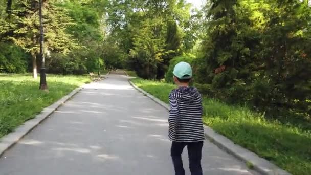 Little Boy Running Park Playing Chase His Father Catch You — Stock Video