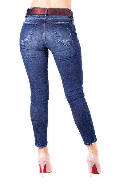 Woman Blue Jeans Fit Female Butt Blue Jeans Isolated White — 图库照片