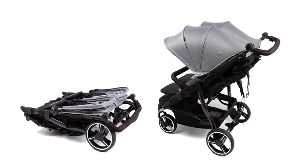 Barnvagn Barnvagn För Tvillingar Isolerad Vitt Barnvagn Vikt Och Öppet — Stockfoto