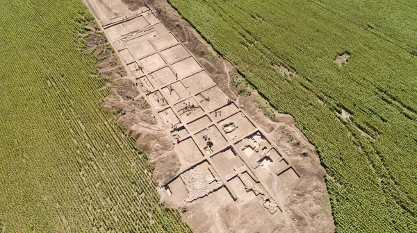 Archaeological excavation. Aerial view of the archaeological excavations and archaeologist camp.