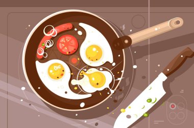 Kızartma lezzetli omlet ve sosis.