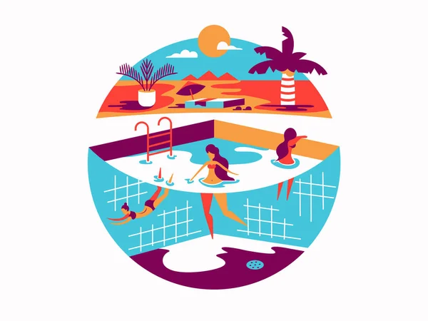 Piscine avec personnes en vacances — Image vectorielle