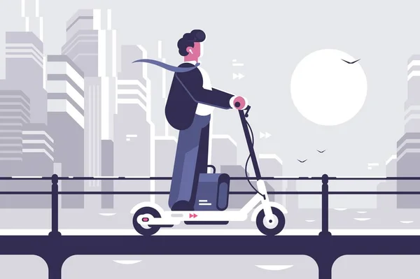 Young man riding electric scooter modern cityscape — Stock Photo, Image