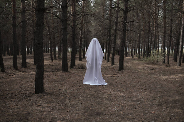 Женщина в костюме призрака на Хэллоуин в лесу
.