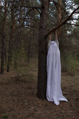 Ormandaki bir ağaç üzerinde asılı kostüm hayalet kadın.