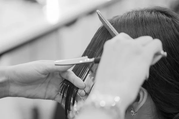 理发师给一个女人理发, 一个在美容院的黑发女人. — 图库照片
