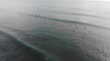 Okyanusta Sörf tahtaları yüzen sörfçü üst görünümü.