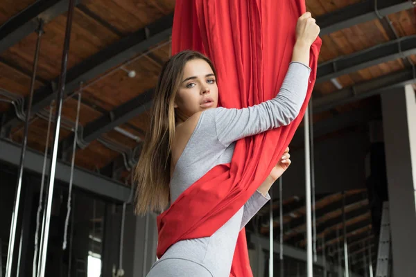 Young athletic woman engaged in aerial canvases.