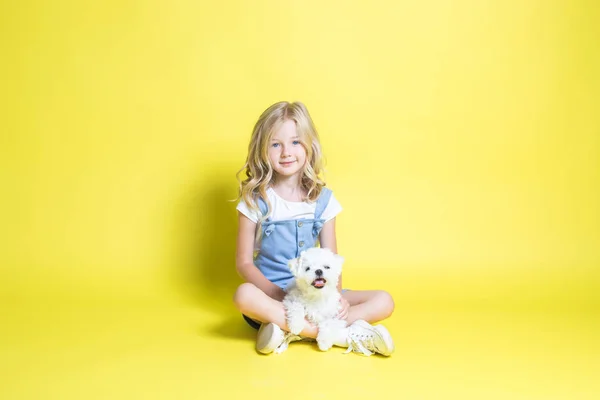 Милая маленькая девочка со своим щенком на желтом фоне . — стоковое фото