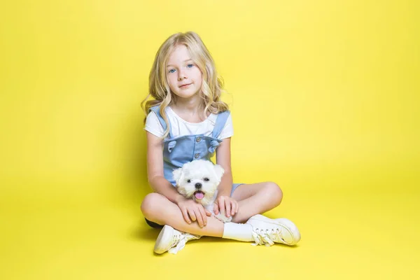 Милая маленькая девочка со своим щенком на желтом фоне . — стоковое фото