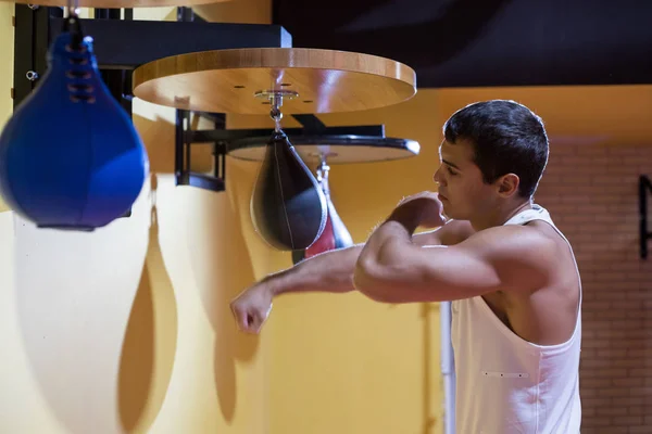 Спортивный боксёр тренируется на боксерской груше . — стоковое фото