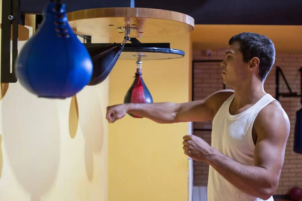Sporty male boxer training on punching bag. — Stock Photo, Image