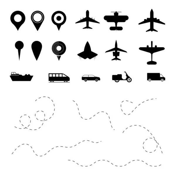 Path Flight Travel Plane Trip Transport Symbols Set Airplane Aircraft — Stock Vector