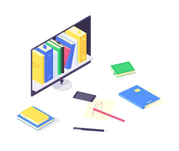 İzometrik eğitim online çalışma konsepti teknoloji bilgisi tasarım ağ öğrenme ve kitap kütüphanesi vektör illüstrasyonu. Dijital okul eğitimi ve internet araştırması beyaz arka planda izole edilmiş 3D