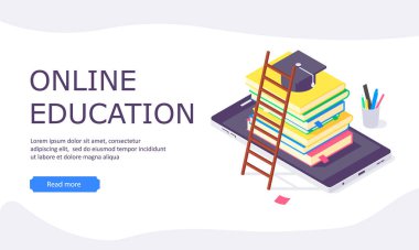 Isometric online eğitim web şablonu bilgisayar öğrenme ve kitap düz tasarım vektör çizimi