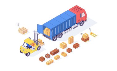 Itric kargo kargo yük kamyonu paleti ve forklift malzemeleri yükleniyor. Taşıma ve yükleme vektör illüstrasyonu. Kutu forkliftleri beyaz arkaplanda izole edilmiş palet kamyonları. 3d lojistik kavram