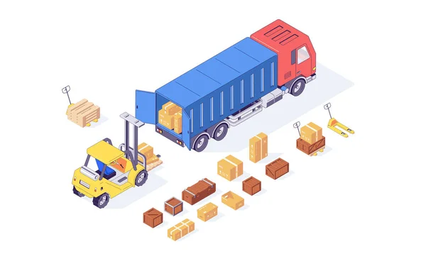 Itric kargo kargo yük kamyonu paleti ve forklift malzemeleri yükleniyor. Taşıma ve yükleme vektör illüstrasyonu. Kutu forkliftleri beyaz arkaplanda izole edilmiş palet kamyonları. 3d lojistik kavram
