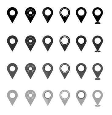 Harita, hedef sembol, navigasyon konum işaretleyici ve seyahat yeri işaretleyici web vektör çizimi için iğneler