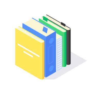 Isometric Kitap Üniversite Öğretim ve Bilgi Kütüphanesi düz simge vektör ilüstrasyonunu öğrenir. Eğitim sembolleri üzerine çalışan kitap yığını. Beyaz arkaplanda izole edilmiş tasarım öğrenme kavramı.