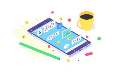 Isometric cep telefonu teknolojisi tasarımı akıllı telefon internet sosyal uygulama ekran simgesi dijital düz vektör illüstrasyonu. 3d konsept telefonlar ağ simgeleri akıllı telefonlar beyaz arkaplanda izole edilmiş metinler