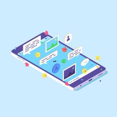 Isometric cep telefonu tasarımı akıllı telefon çevrimiçi uygulama dijital konuşma web simgesi dijital düz vektör çizimi