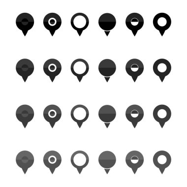 Haritalar, konum sembolü, yol işareti ve seyahat yeri işaretleyici düz siyah vektör illüstrasyonu için iğneler