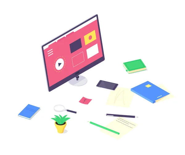 Isometric online eğitim ve öğretim konsepti, teknoloji öğrenimi ve öğretim ağı tasarım vektörü illüstrasyonu. Beyaz arkaplan üzerinde izole edilmiş 3d eğitim ve öğretim
