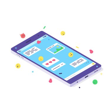 Isometric cep telefonu teknolojisi konsepti akıllı telefon internet sosyal medya iletişim ikonu düz vektör illüstrasyonu